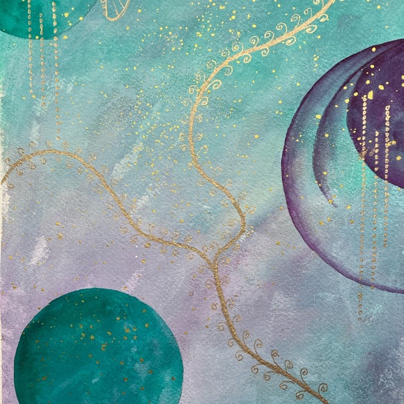 Abstract Original Watercolor Gold Leaf Floral Green & Purple Painting, 9x12 - Picture 10 of 13